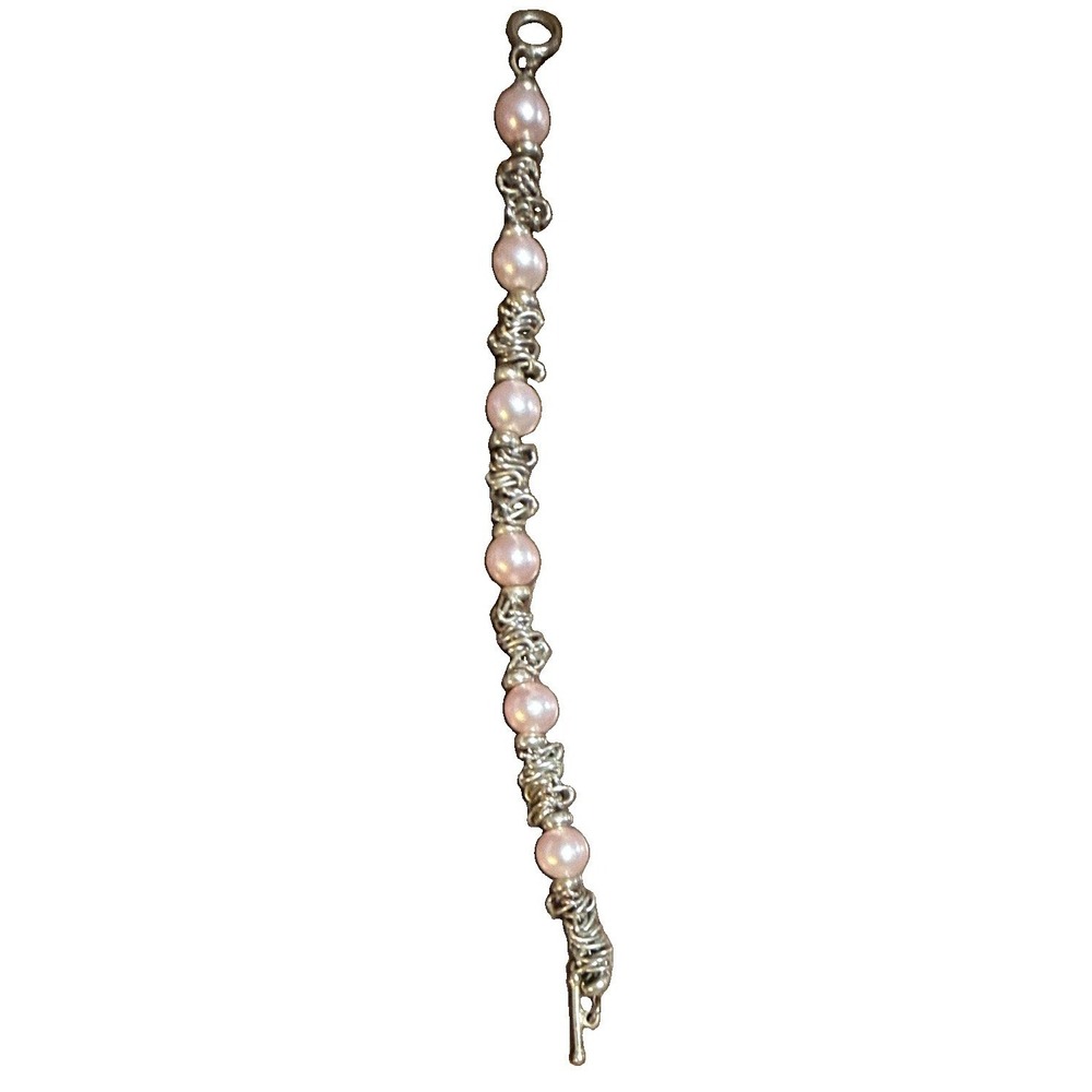 Pink Pearl Beaded Wire Chain Bracelet Toggle Clasp Silver Tone Round Beads